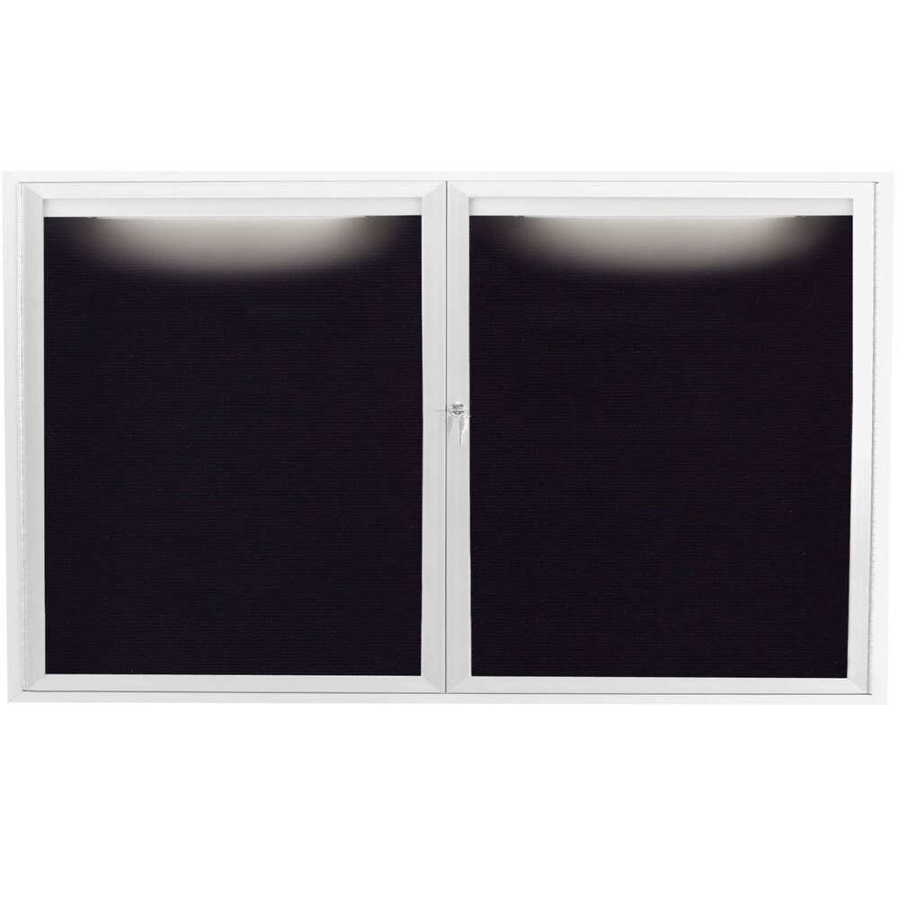 Aarco OADC3660IW 36" x 60" Enclosed Hinged Locking 2 Door Powder Coated White Aluminum Outdoor Lighted Message Center with Black Letter Board