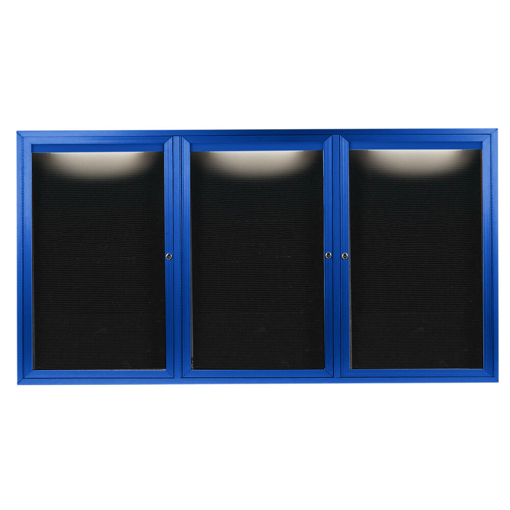 Aarco ADC4896-3IB 48" x 96" Enclosed Hinged Locking 3 Door Powder Coated Blue Aluminum Indoor Lighted Message Center with Black Letter Board
