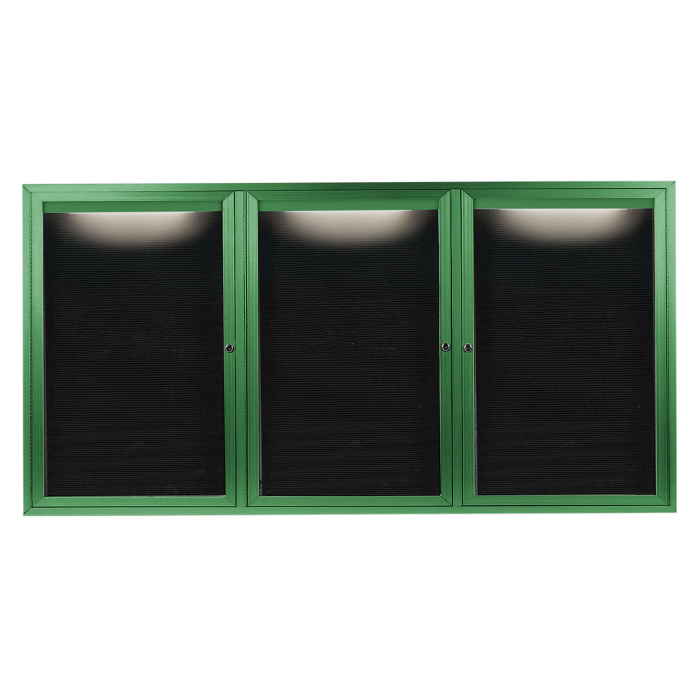 Aarco OADC3672-3IG 36" x 72" Enclosed Hinged Locking 3 Door Powder Coated Green Aluminum Outdoor Lighted Message Center with Black Letter Board