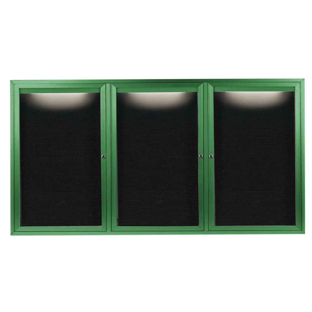 Aarco OADC4896-3IG 48" x 96" Enclosed Hinged Locking 3 Door Powder Coated Green Aluminum Outdoor Lighted Message Center with Black Letter Board