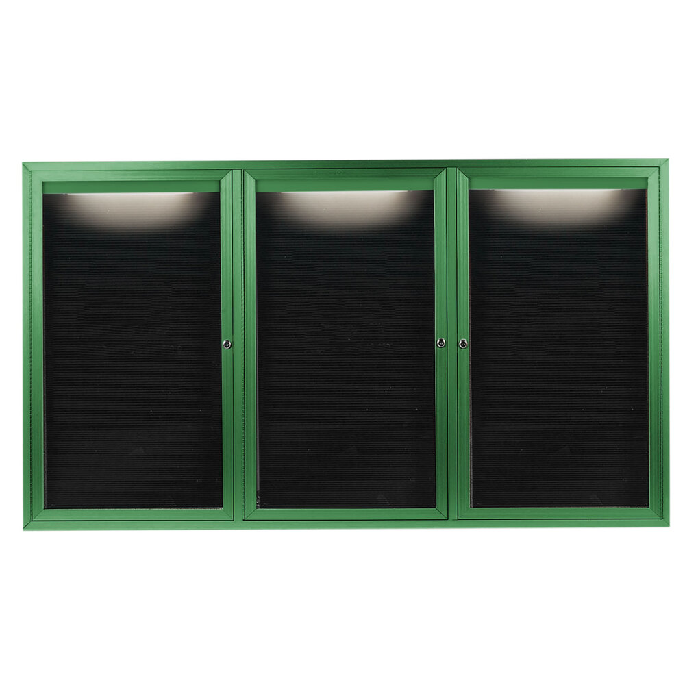 Aarco OADC4872-3IG 48" x 72" Enclosed Hinged Locking 3 Door Powder Coated Green Aluminum Outdoor Lighted Message Center with Black Letter Board