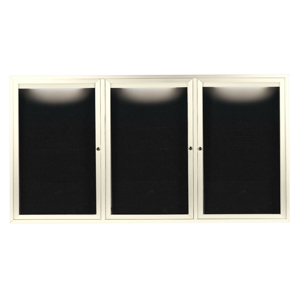 Aarco ADC4896-3IIV 48" x 96" Enclosed Hinged Locking 3 Door Powder Coated Ivory Aluminum Indoor Lighted Message Center with Black Letter Board