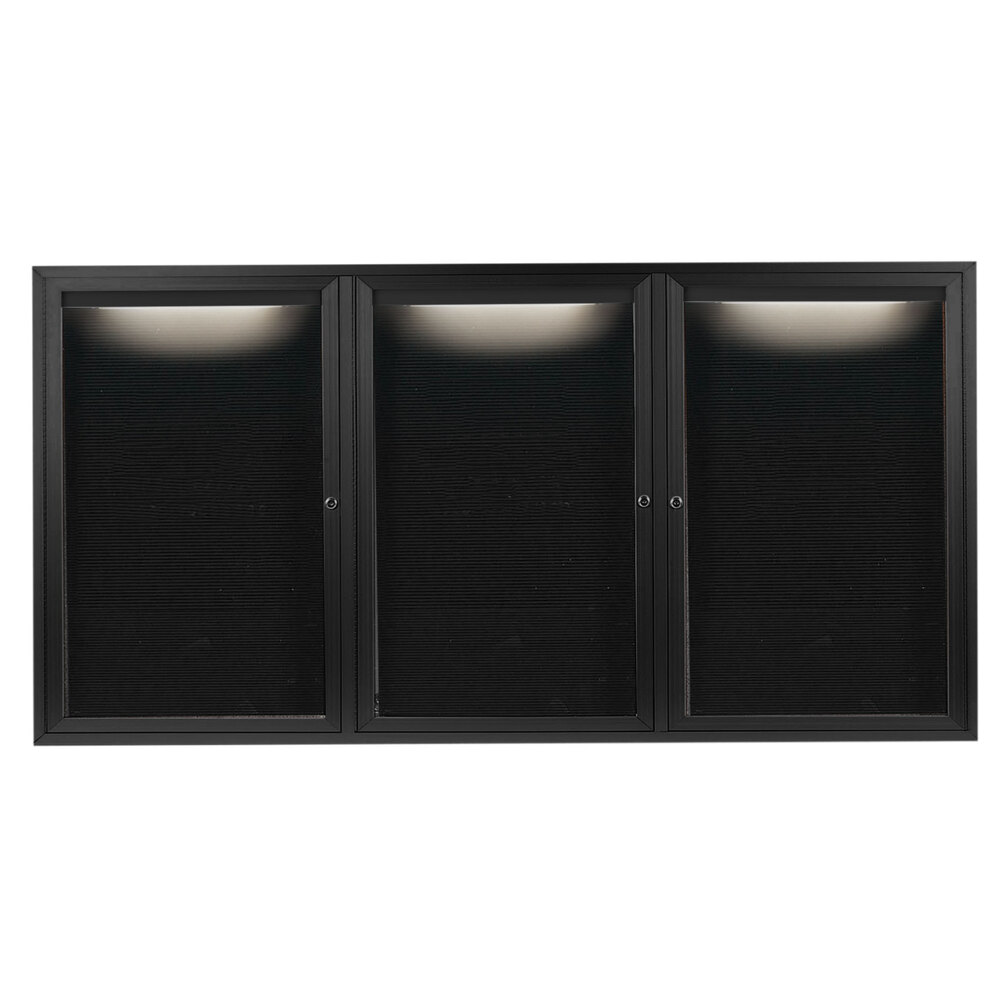 Aarco OADC3672-3IBK 36" x 72" Enclosed Hinged Locking 3 Door Powder Coated Black Aluminum Outdoor Lighted Message Center with Black Letter Board