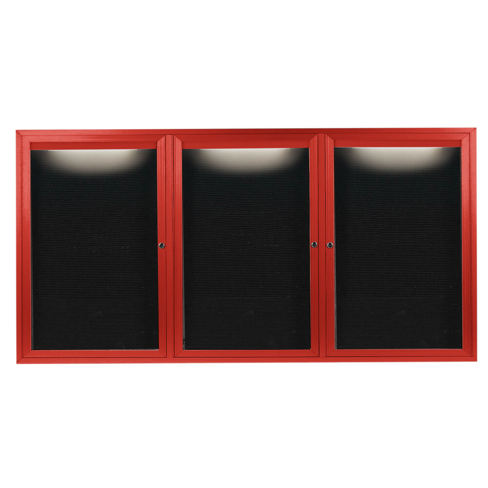 Aarco OADC3672-3IR 36" x 72" Enclosed Hinged Locking 3 Door Powder Coated Red Aluminum Outdoor Lighted Message Center with Black Letter Board