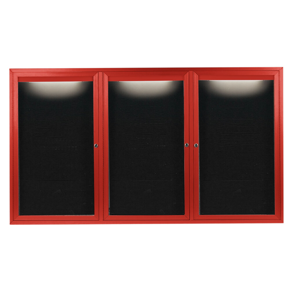 Aarco ADC4872-3IR 48" x 72" Enclosed Hinged Locking 3 Door Powder Coated Red Aluminum Indoor Lighted Message Center with Black Letter Board