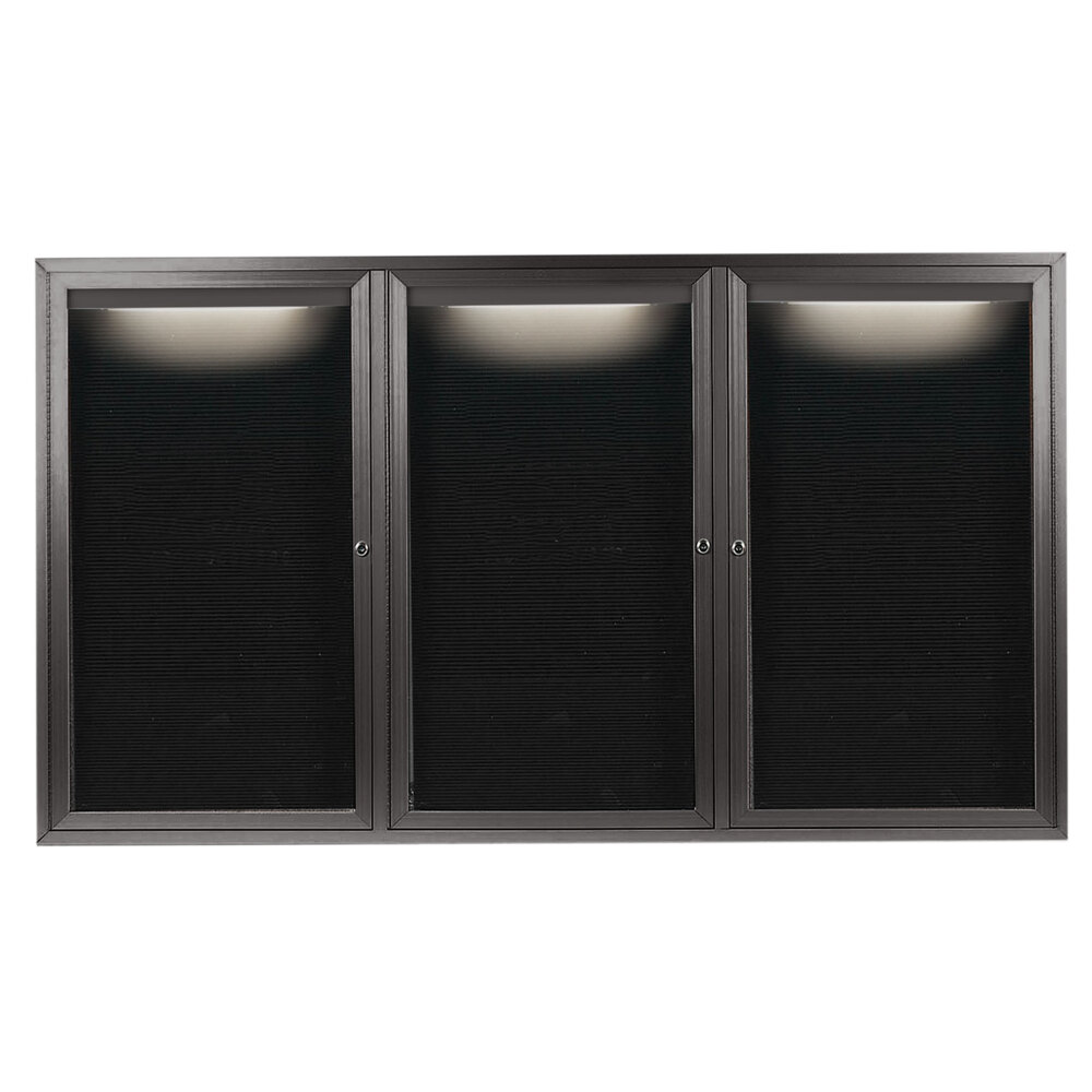Aarco OADC4872-3IBA 48" x 72" Enclosed Hinged Locking 3 Door Bronze Anodized Aluminum Outdoor Lighted Message Center with Black Letter Board