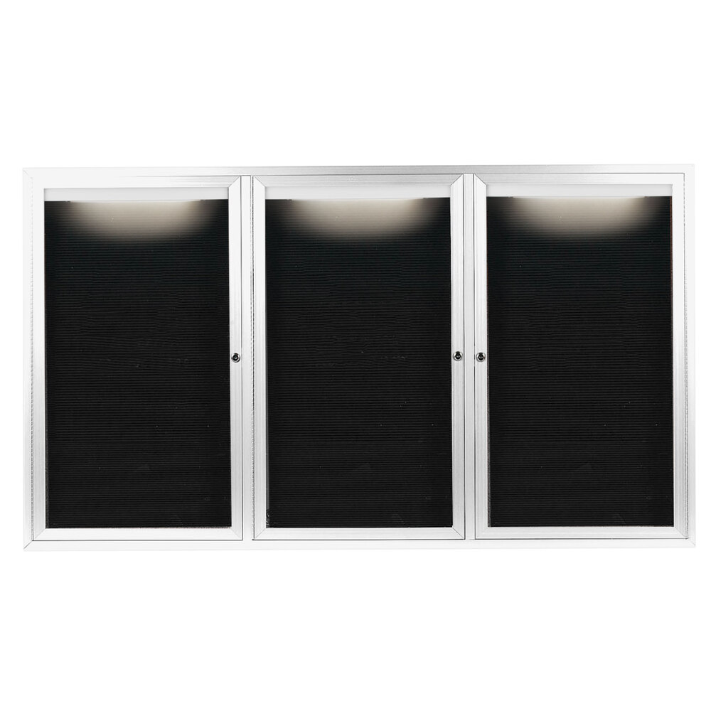 Aarco OADC4872-3IW 48" x 72" Enclosed Hinged Locking 3 Door Powder Coated White Aluminum Outdoor Lighted Message Center with Black Letter Board
