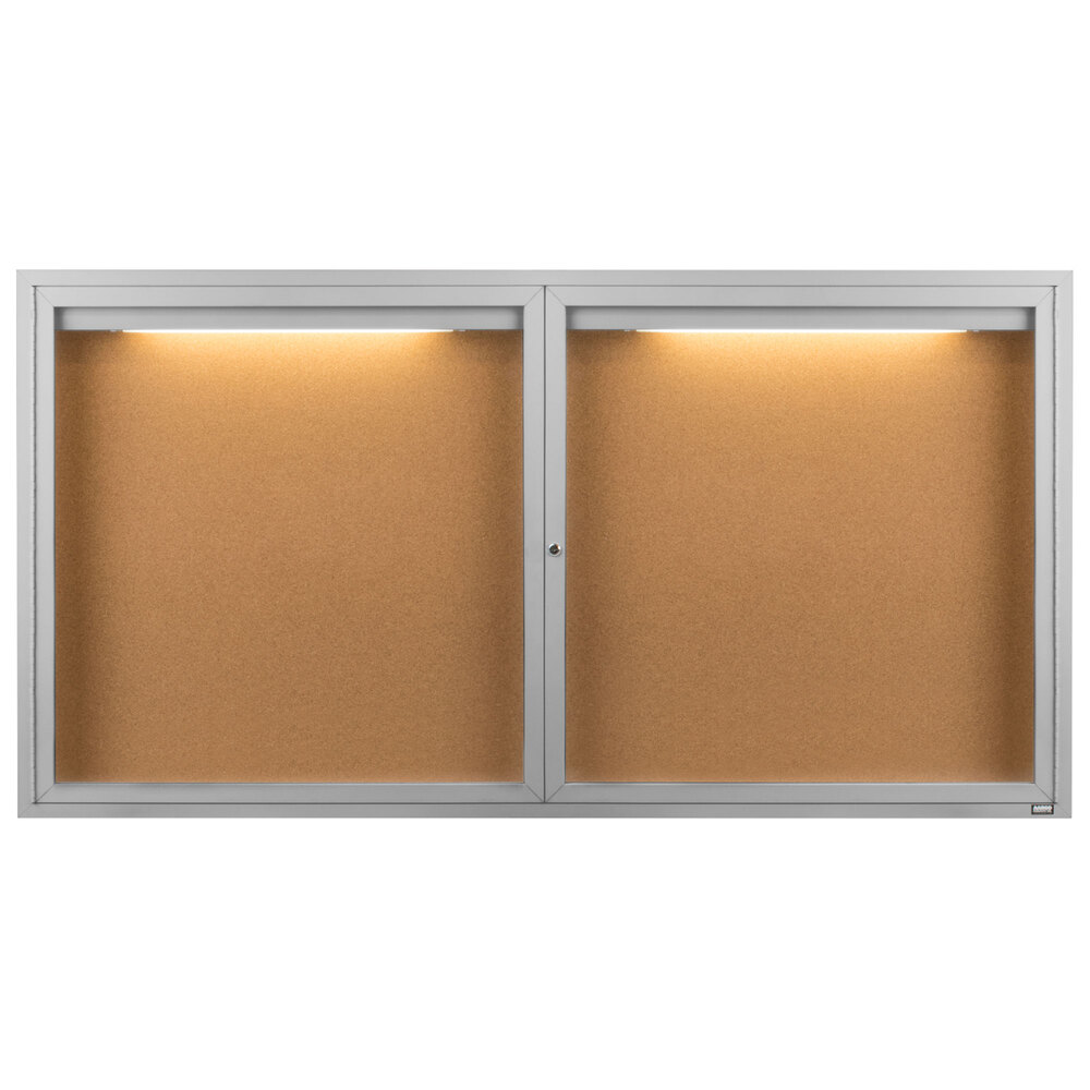 Aarco DCC3672RI 36" x 72" Enclosed Hinged Locking 2 Door Satin Anodized Finish Indoor Lighted Bulletin Board Cabinet
