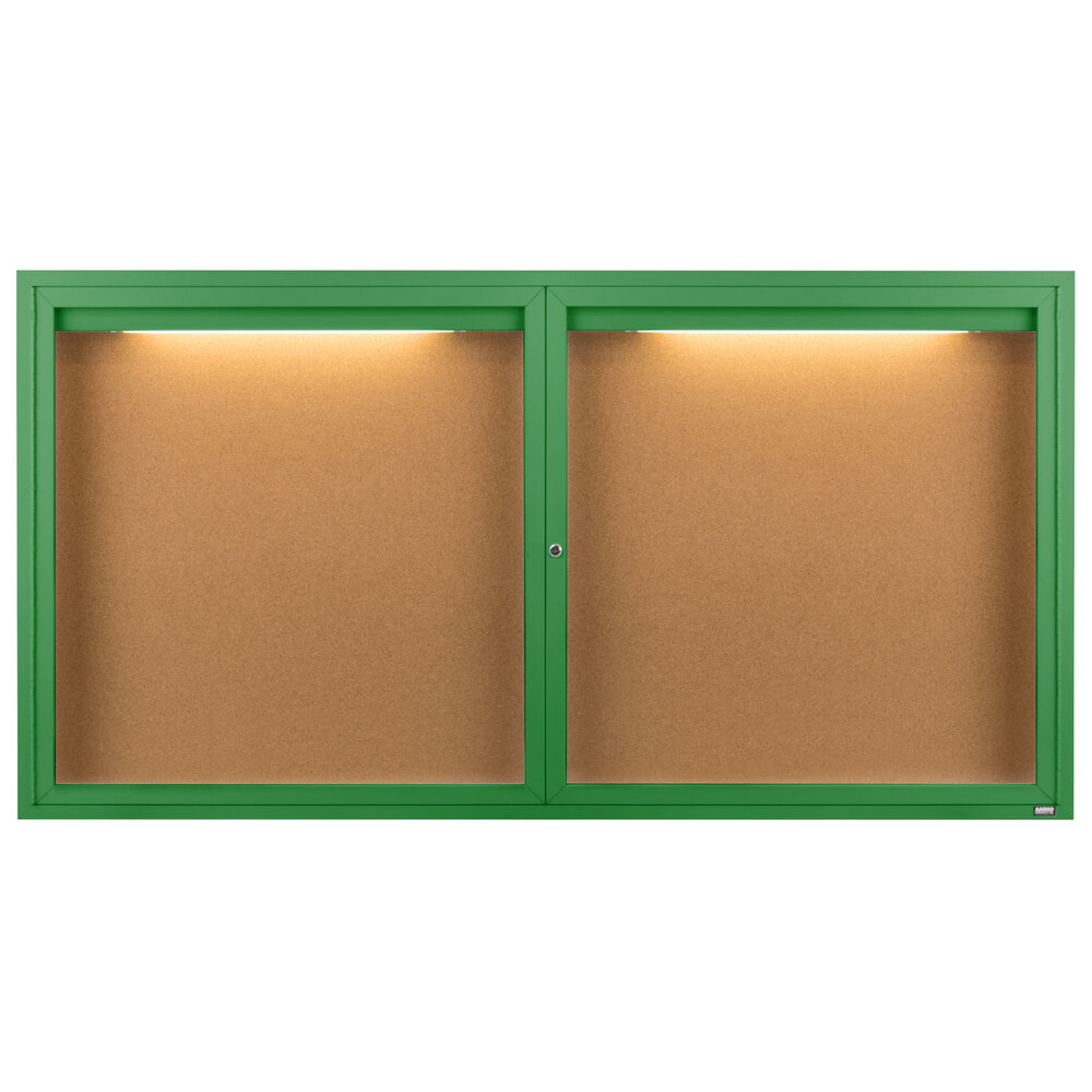 Aarco DCC3672RIG 36" x 72" Enclosed Hinged Locking 2 Door Powder Coated Green Finish Indoor Lighted Bulletin Board Cabinet