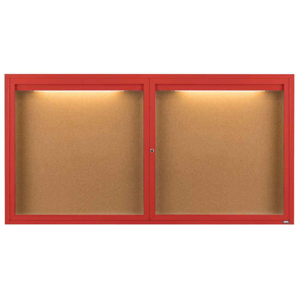 Aarco DCC3672RIR 36" x 72" Enclosed Hinged Locking 2 Door Powder Coated Red Finish Indoor Lighted Bulletin Board Cabinet