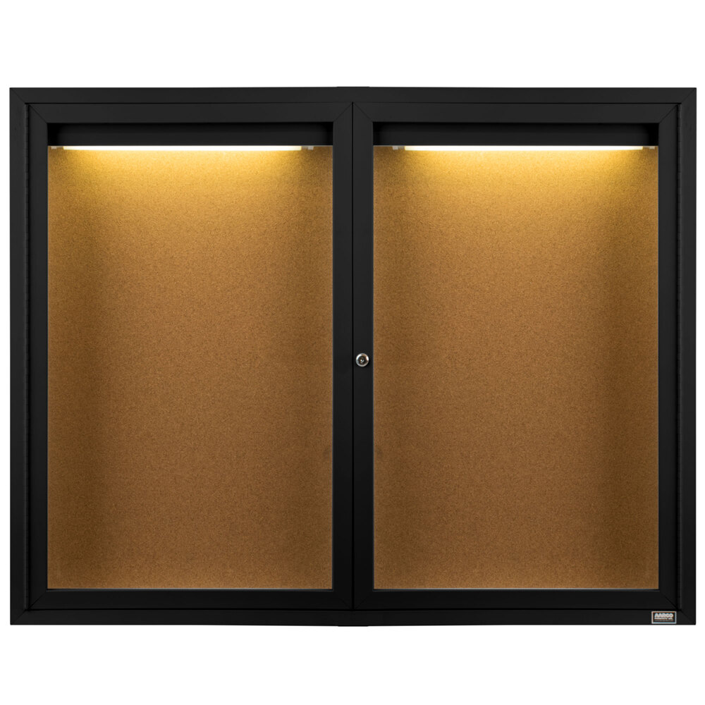 Aarco DCC3648RIBK 36" x 48" Enclosed Hinged Locking 2 Door Powder Coated Black Finish Indoor Lighted Bulletin Board Cabinet
