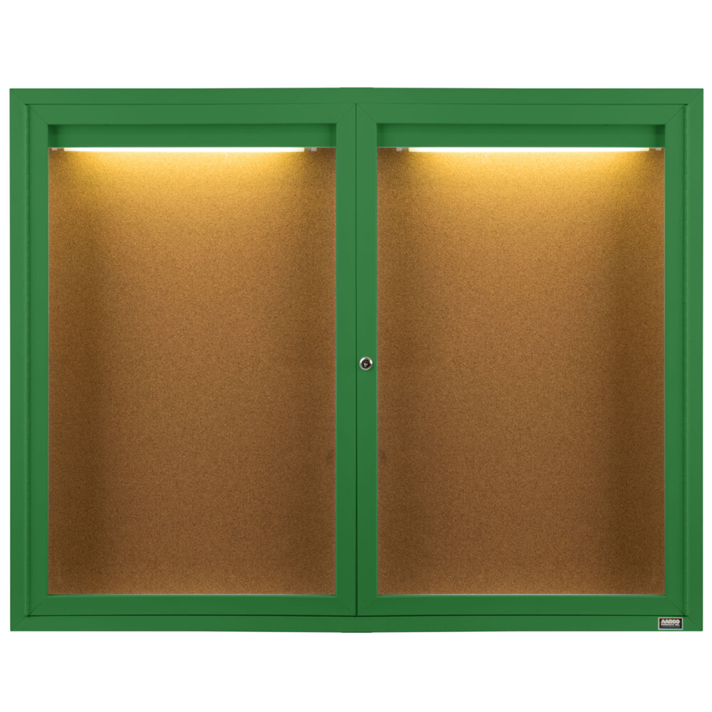 Aarco DCC3648RIG 36" x 48" Enclosed Hinged Locking 2 Door Powder Coated Green Finish Indoor Lighted Bulletin Board Cabinet