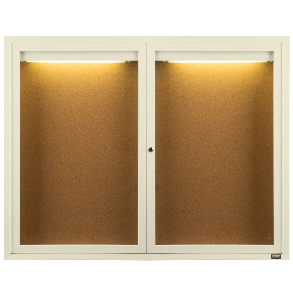 Aarco DCC4872RIIV 48" x 72" Enclosed Hinged Locking 2 Door Powder Coated Ivory Finish Indoor Lighted Bulletin Board Cabinet