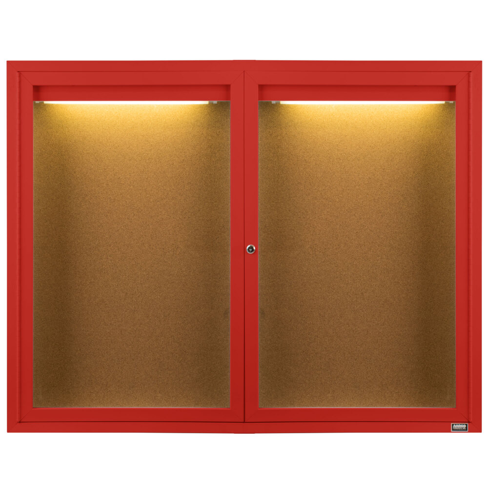Aarco DCC4872RIR 48" x 72" Enclosed Hinged Locking 2 Door Powder Coated Red Finish Indoor Lighted Bulletin Board Cabinet