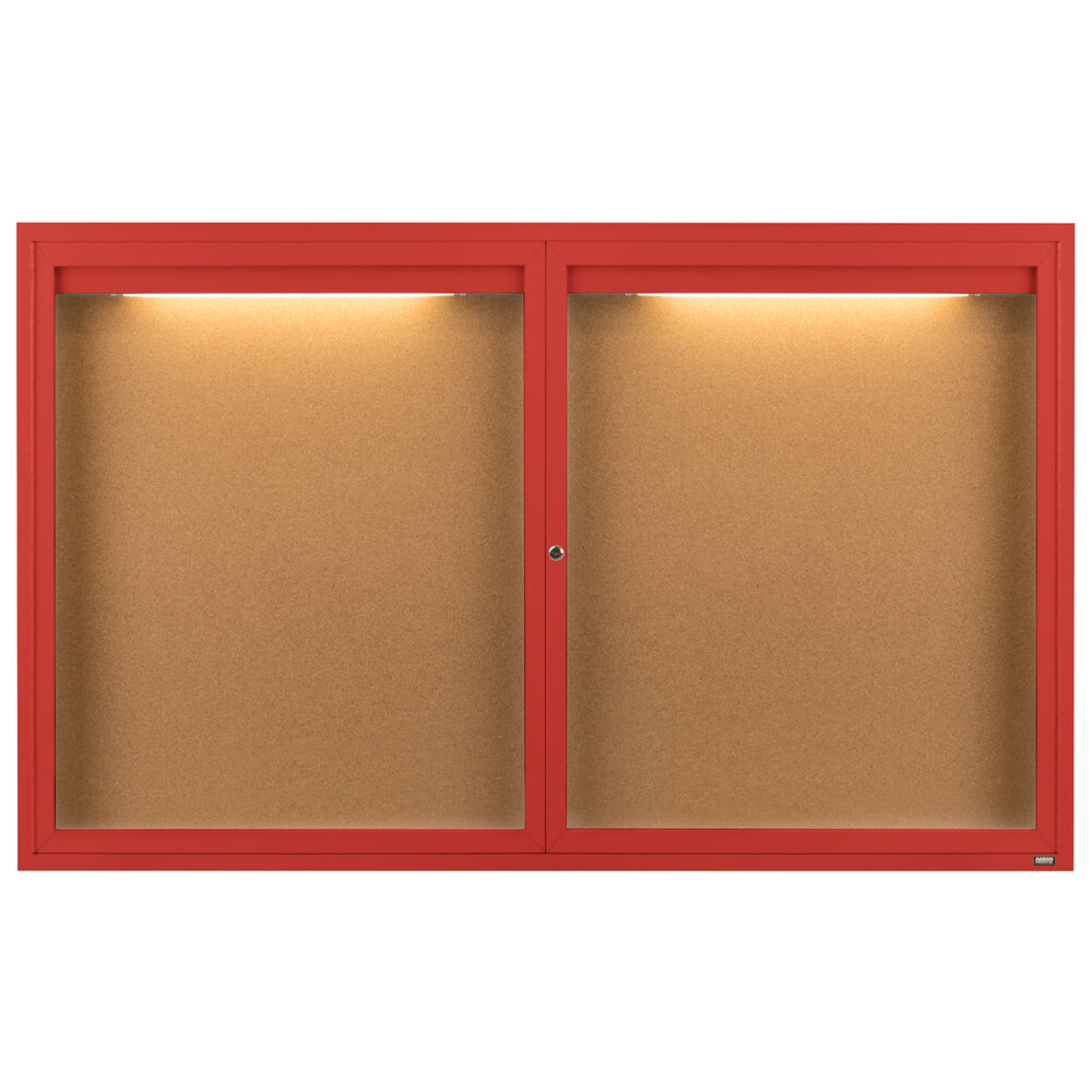 Aarco DCC3660RIR 36" x 60" Enclosed Hinged Locking 2 Door Powder Coated Red Finish Indoor Lighted Bulletin Board Cabinet