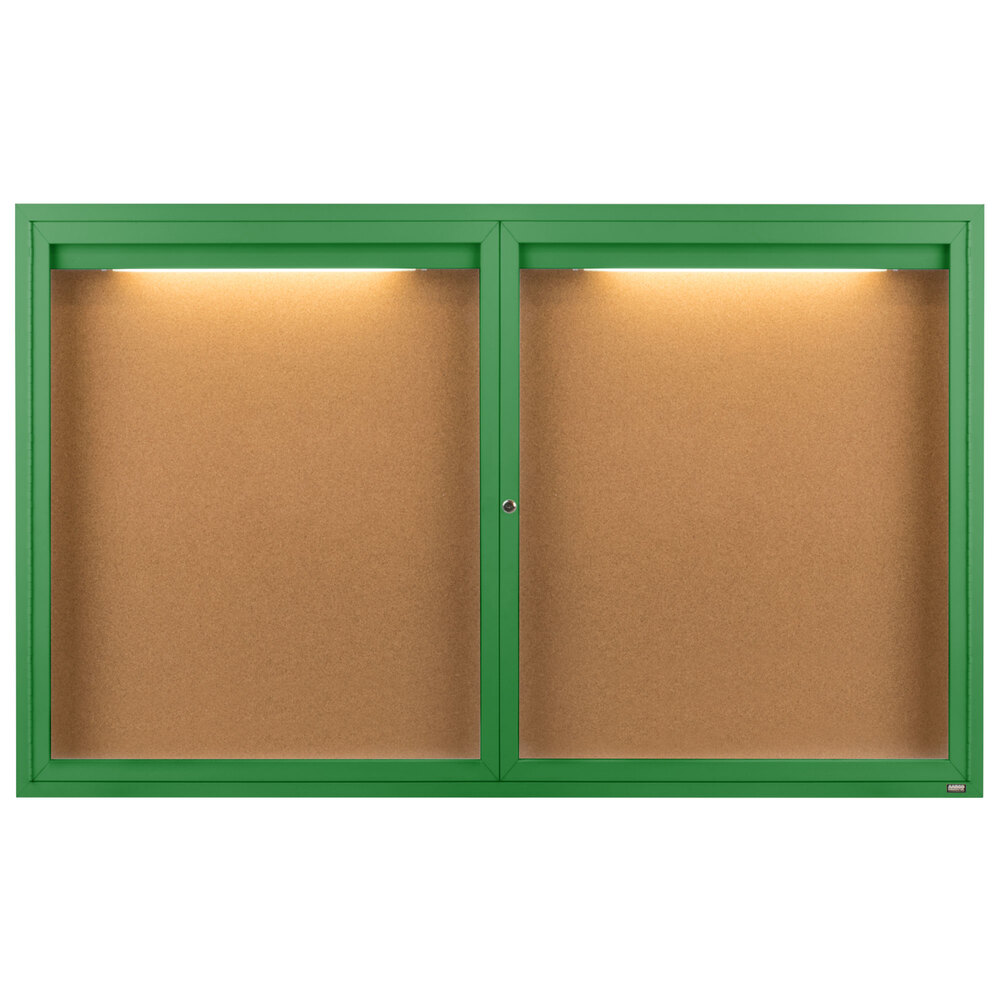 Aarco DCC3660RIG 36" x 60" Enclosed Hinged Locking 2 Door Powder Coated Green Finish Indoor Lighted Bulletin Board Cabinet