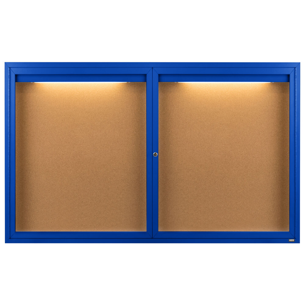 Aarco DCC3660RIB 36" x 60" Enclosed Hinged Locking 2 Door Powder Coated Blue Finish Indoor Lighted Bulletin Board Cabinet