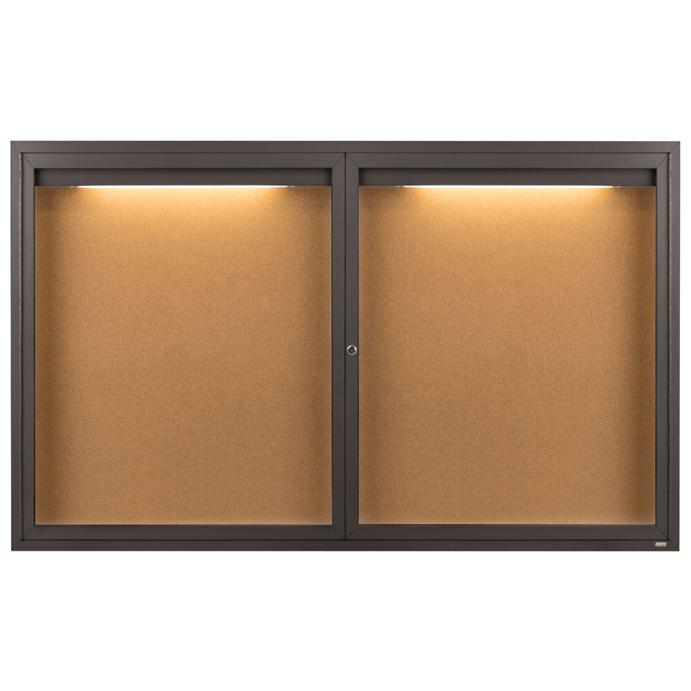Aarco DCC3660RIBA 36" x 60" Enclosed Hinged Locking 2 Door Bronze Anodized Finish Indoor Lighted Bulletin Board Cabinet