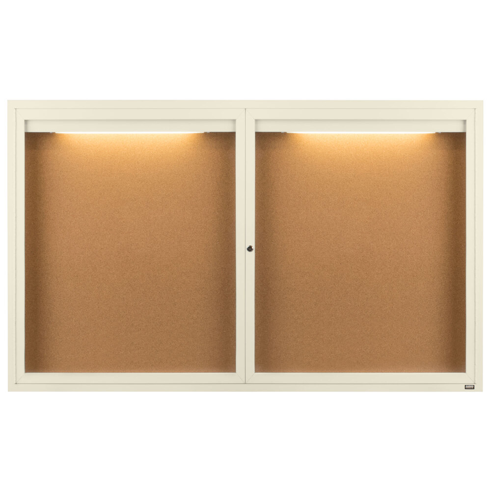 Aarco DCC3660RIIV 36" x 60" Enclosed Hinged Locking 2 Door Powder Coated Ivory Finish Indoor Lighted Bulletin Board Cabinet