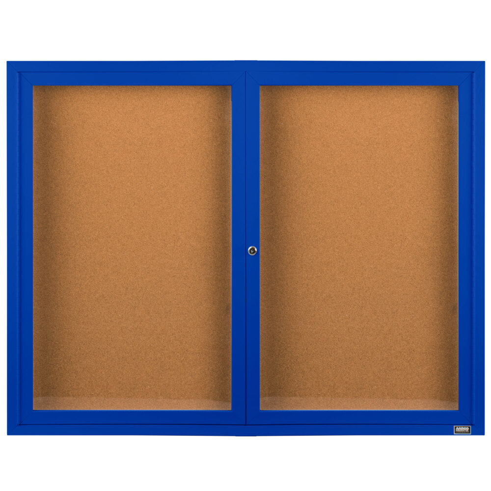 Aarco DCC3648RB 36" x 48" Enclosed Hinged Locking 2 Door Powder Coated Blue Finish Indoor Bulletin Board Cabinet