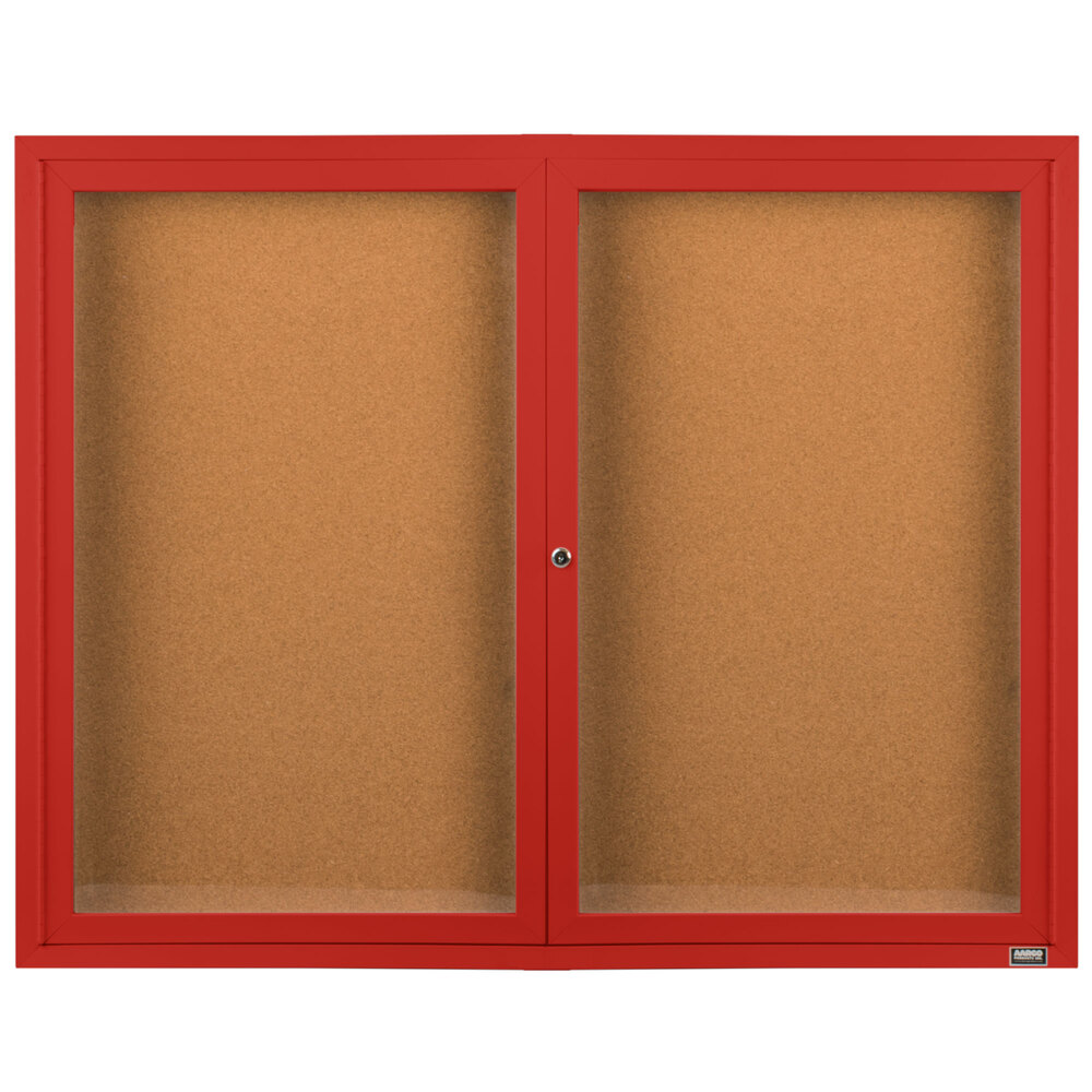 Aarco DCC4872RR 48" x 72" Enclosed Hinged Locking 2 Door Powder Coated Red Finish Indoor Bulletin Board Cabinet