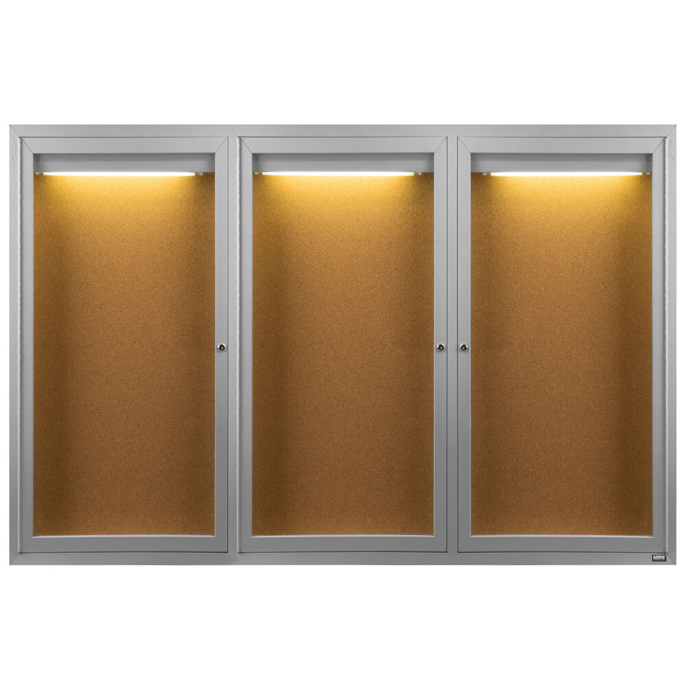 Aarco DCC4872-3RI 48" x 72" Enclosed Hinged Locking 3 Door Satin Anodized Finish Indoor Lighted Bulletin Board Cabinet