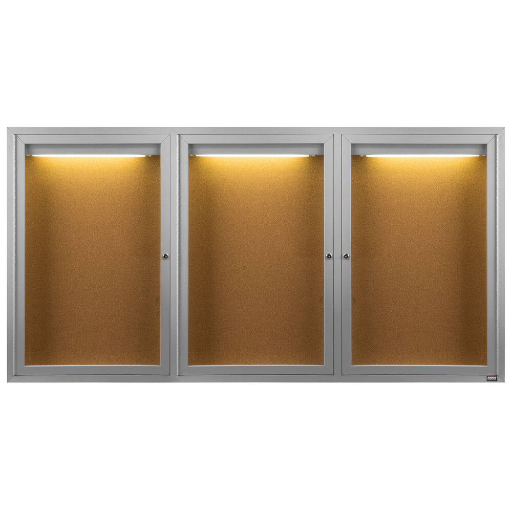 Aarco DCC3672-3RI 36" x 72" Enclosed Hinged Locking 3 Door Satin Anodized Finish Indoor Lighted Bulletin Board Cabinet