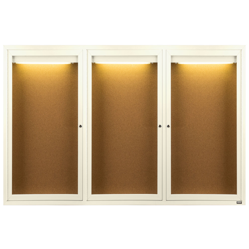 Aarco DCC4872-3RIIV 48" x 72" Enclosed Hinged Locking 3 Door Powder Coated Ivory Finish Indoor Lighted Bulletin Board Cabinet