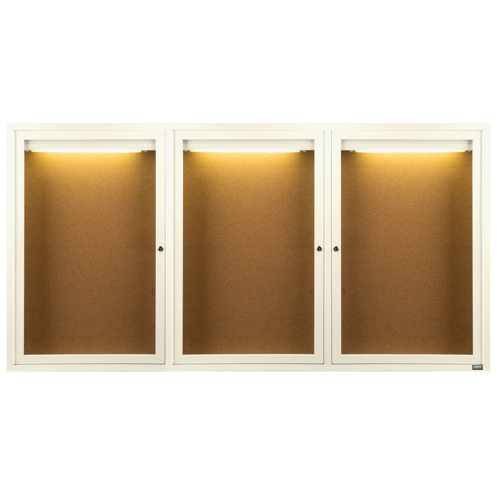 Aarco DCC3672-3RIIV 36" x 72" Enclosed Hinged Locking 3 Door Powder Coated Ivory Finish Indoor Lighted Bulletin Board Cabinet