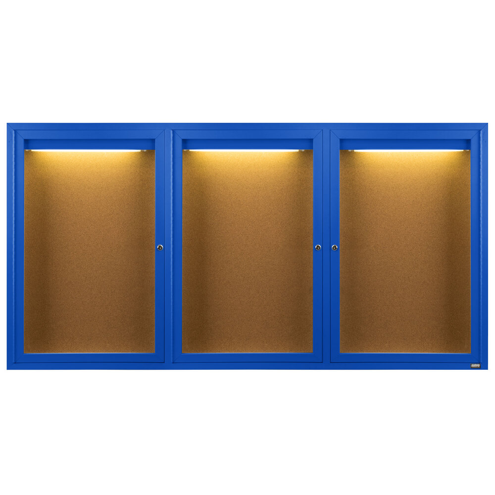 Aarco DCC3672-3RIB 36" x 72" Enclosed Hinged Locking 3 Door Powder Coated Blue Finish Indoor Lighted Bulletin Board Cabinet