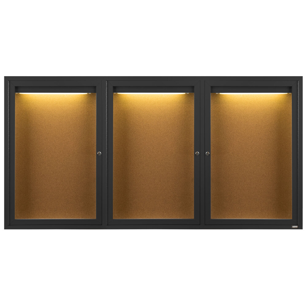 Aarco DCC3672-3RIBK 36" x 72" Enclosed Hinged Locking 3 Door Powder Coated Black Finish Indoor Lighted Bulletin Board Cabinet