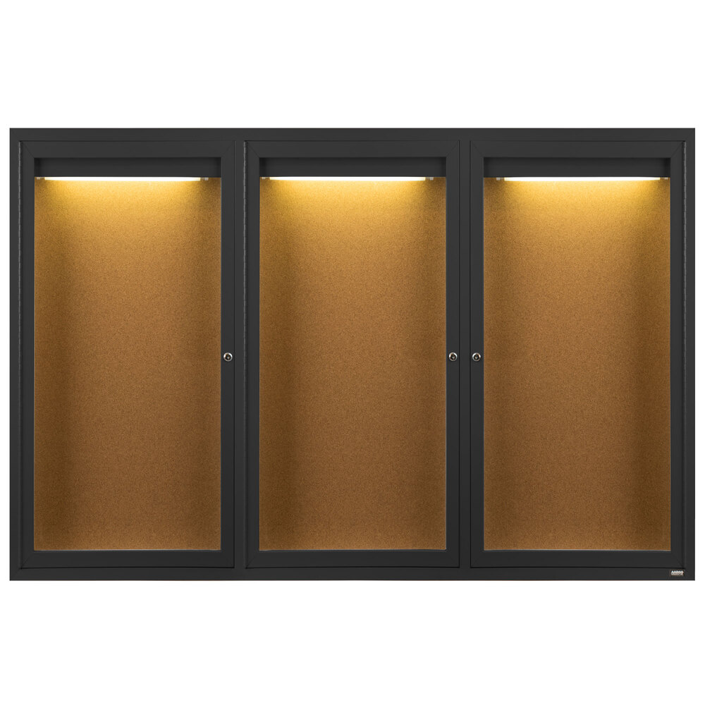 Aarco DCC4872-3RIBK 48" x 72" Enclosed Hinged Locking 3 Door Powder Coated Black Finish Indoor Lighted Bulletin Board Cabinet