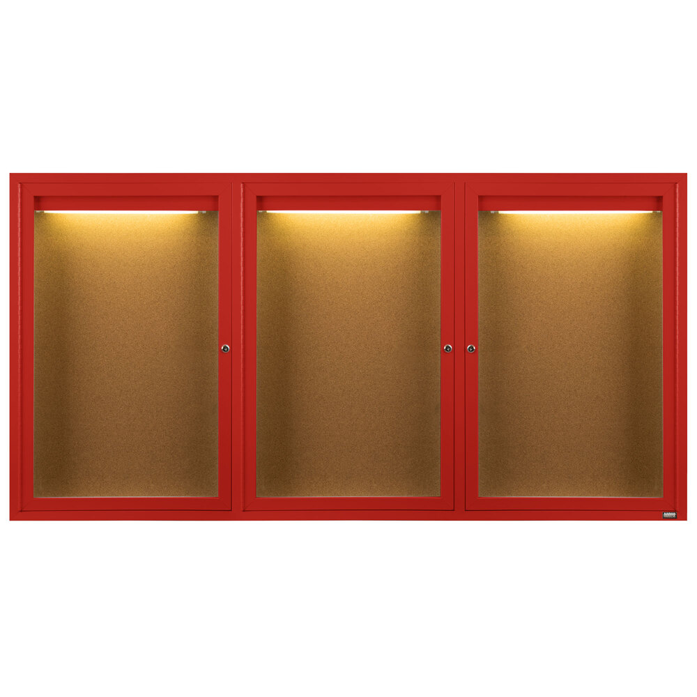 Aarco DCC3672-3RIR 36" x 72" Enclosed Hinged Locking 3 Door Powder Coated Red Finish Indoor Lighted Bulletin Board Cabinet