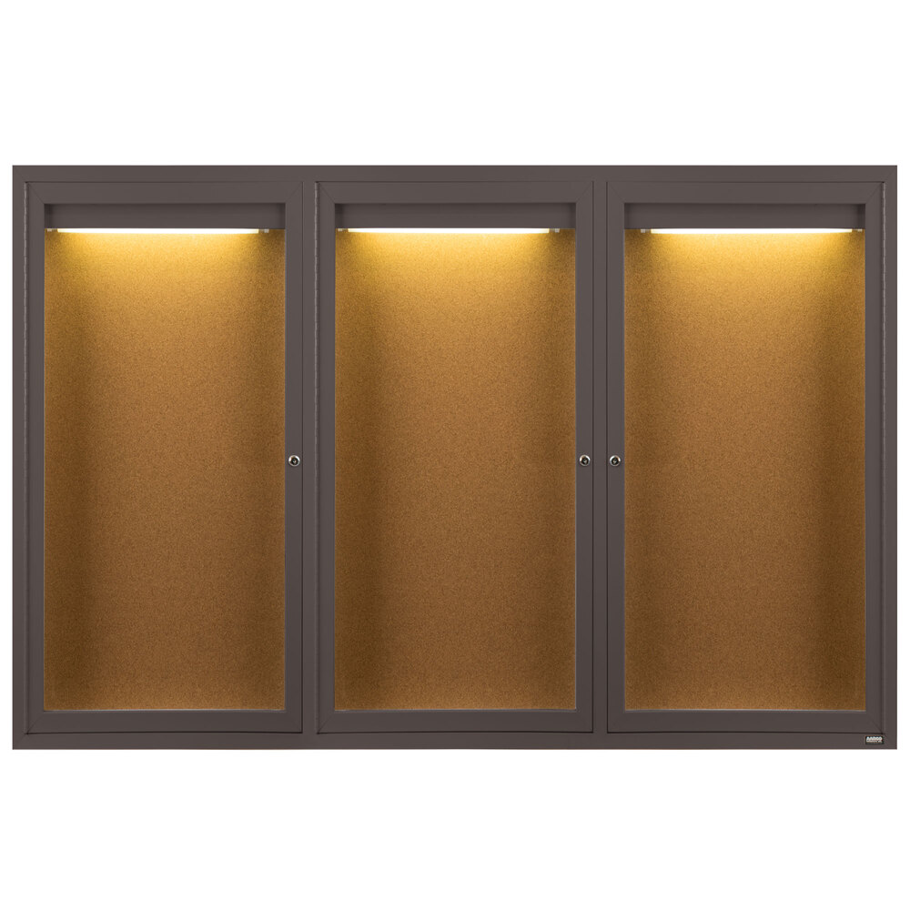 Aarco DCC4872-3RIBA 48" x 72" Enclosed Hinged Locking 3 Door Bronze Anodized Finish Indoor Lighted Bulletin Board Cabinet