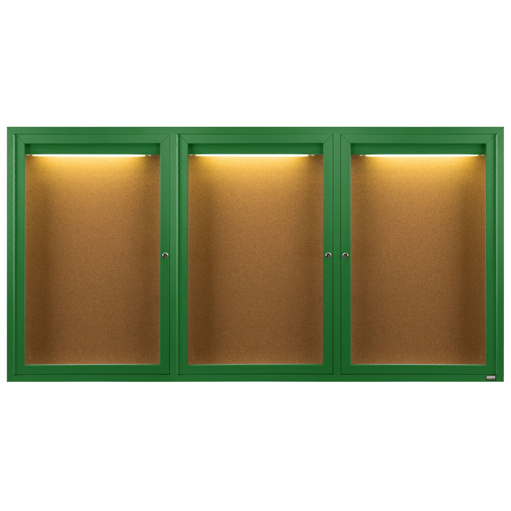 Aarco DCC4896-3RIG 48" x 96" Enclosed Hinged Locking 3 Door Powder Coated Green Finish Indoor Lighted Bulletin Board Cabinet