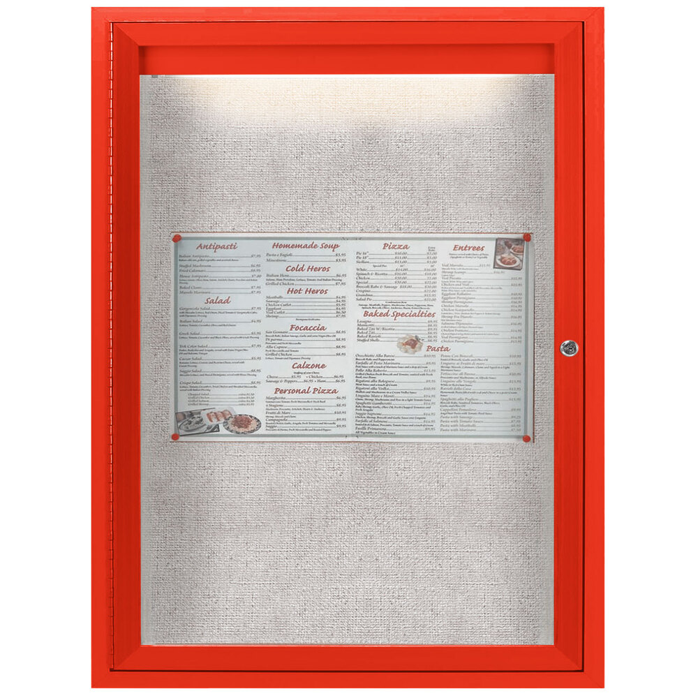 Aarco ODCC2418RIR 24" x 18" Enclosed Hinged Locking 1 Door Powder Coated Red Outdoor Lighted Bulletin Board Cabinet