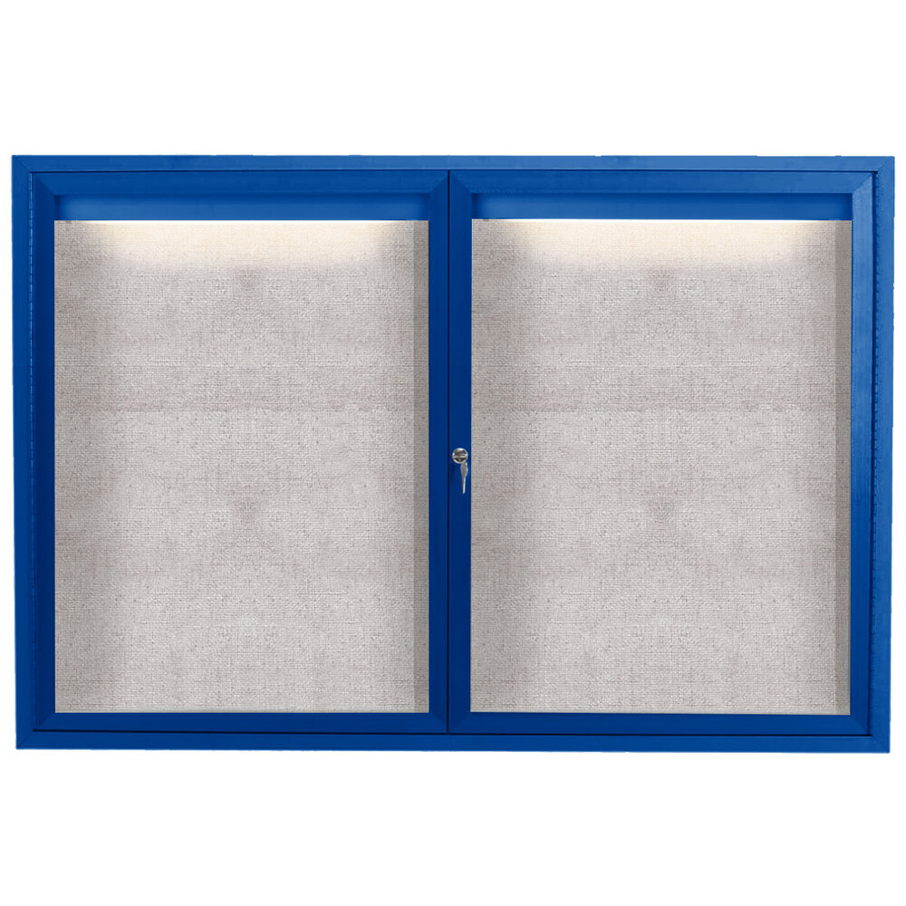 Aarco ODCC3648RIB 36" x 48" Enclosed Hinged Locking 2 Door Powder Coated Blue Outdoor Lighted Bulletin Board Cabinet