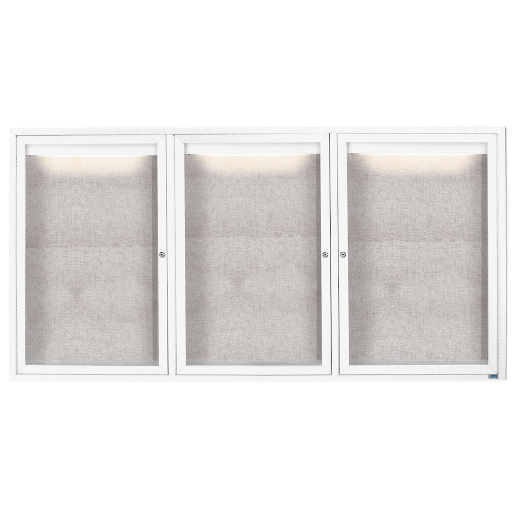 Aarco ODCC4896-3RIW 48" x 96" Enclosed Hinged Locking 3 Door Powder Coated White Outdoor Lighted Bulletin Board Cabinet