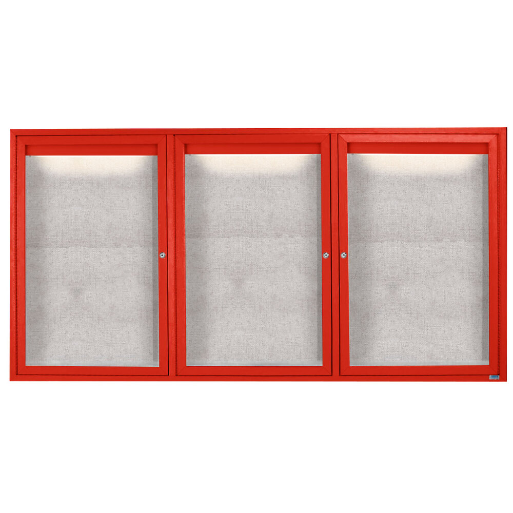 Aarco ODCC4896-3RIR 48" x 96" Enclosed Hinged Locking 3 Door Powder Coated Red Outdoor Lighted Bulletin Board Cabinet