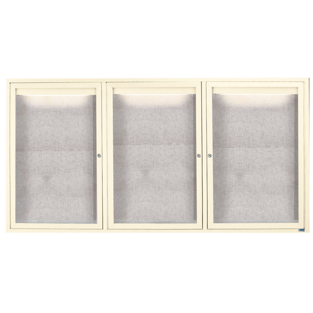 Aarco ODCC4896-3RIIV 48" x 96" Enclosed Hinged Locking 3 Door Powder Coated Ivory Outdoor Lighted Bulletin Board Cabinet