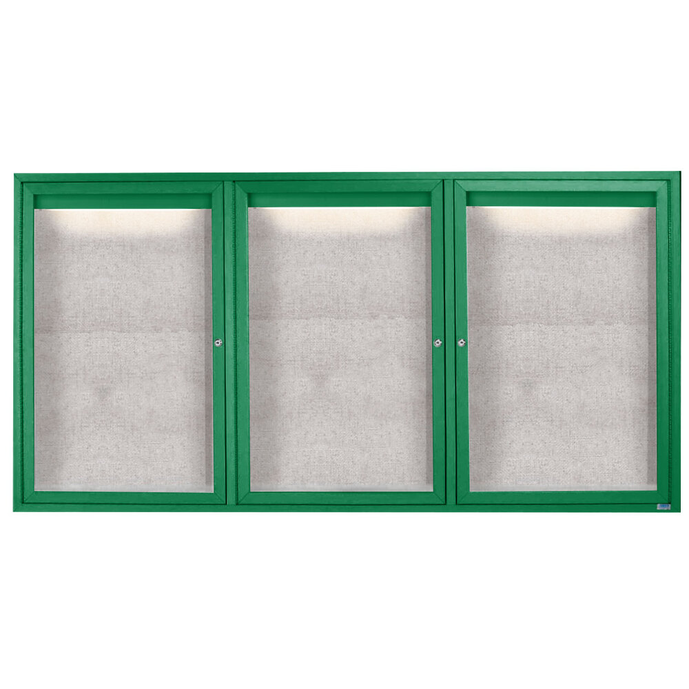 Aarco ODCC4896-3RIG 48" x 96" Enclosed Hinged Locking 3 Door Powder Coated Green Outdoor Lighted Bulletin Board Cabinet