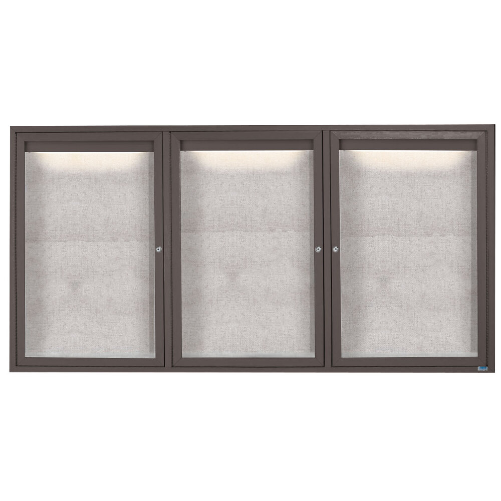 Aarco ODCC4896-3RIBA 48" x 96" Enclosed Hinged Locking 3 Door Bronze Anodized Outdoor Lighted Bulletin Board Cabinet