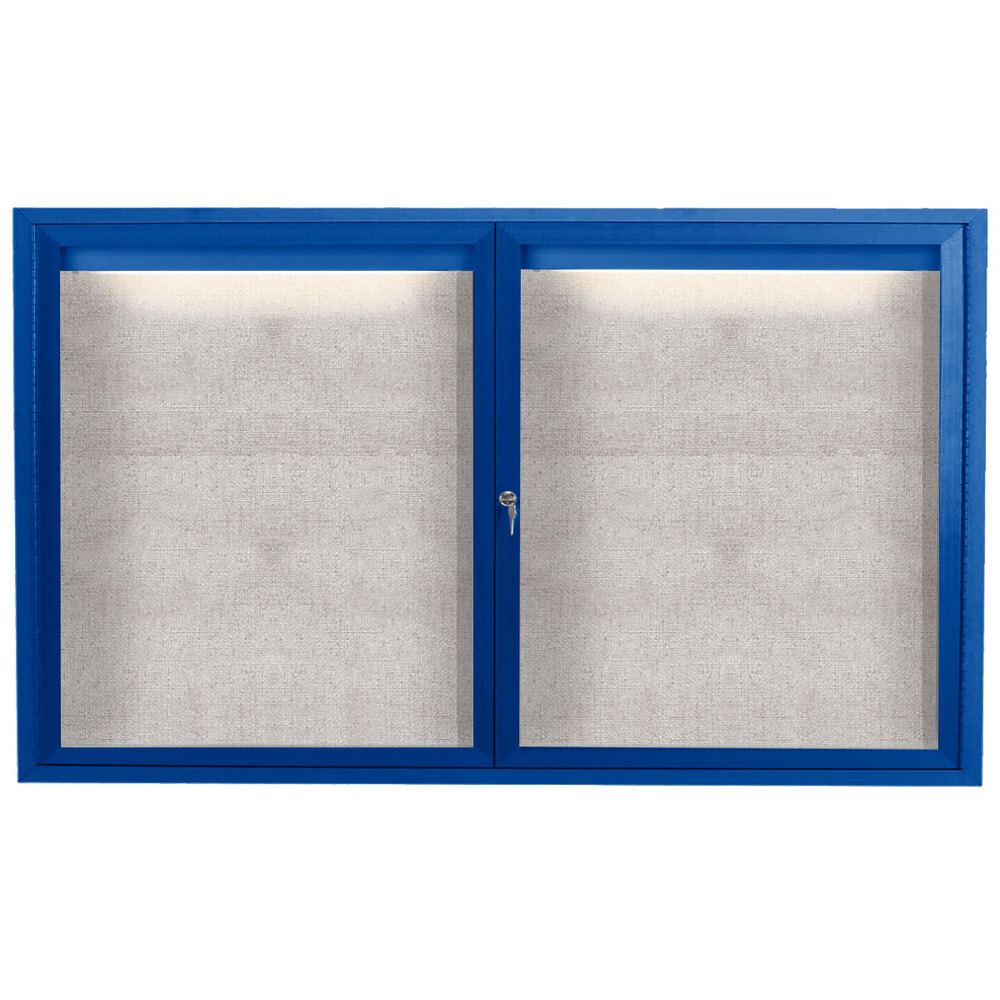 Aarco ODCC3660RIB 36" x 60" Enclosed Hinged Locking 2 Door Powder Coated Blue Outdoor Lighted Bulletin Board Cabinet
