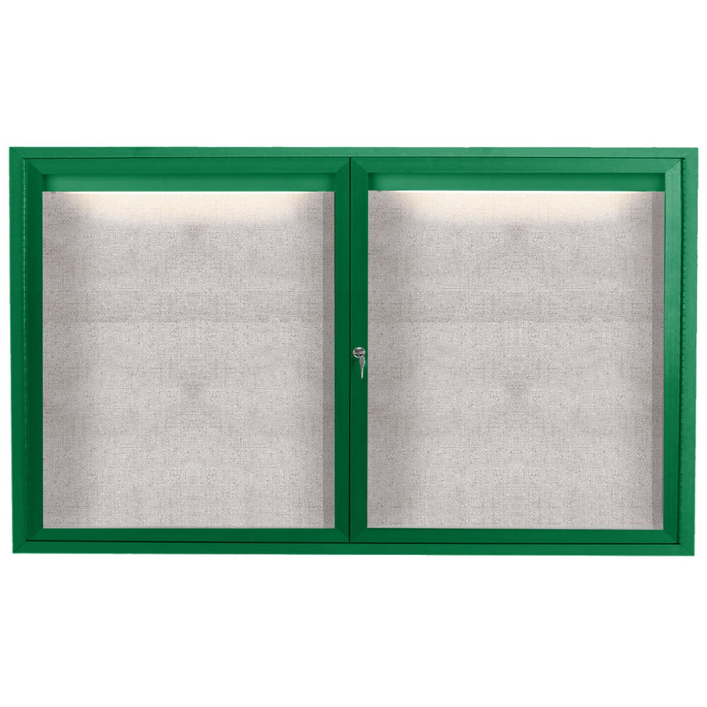 Aarco ODCC3660RIG 36" x 60" Enclosed Hinged Locking 2 Door Powder Coated Green Outdoor Lighted Bulletin Board Cabinet