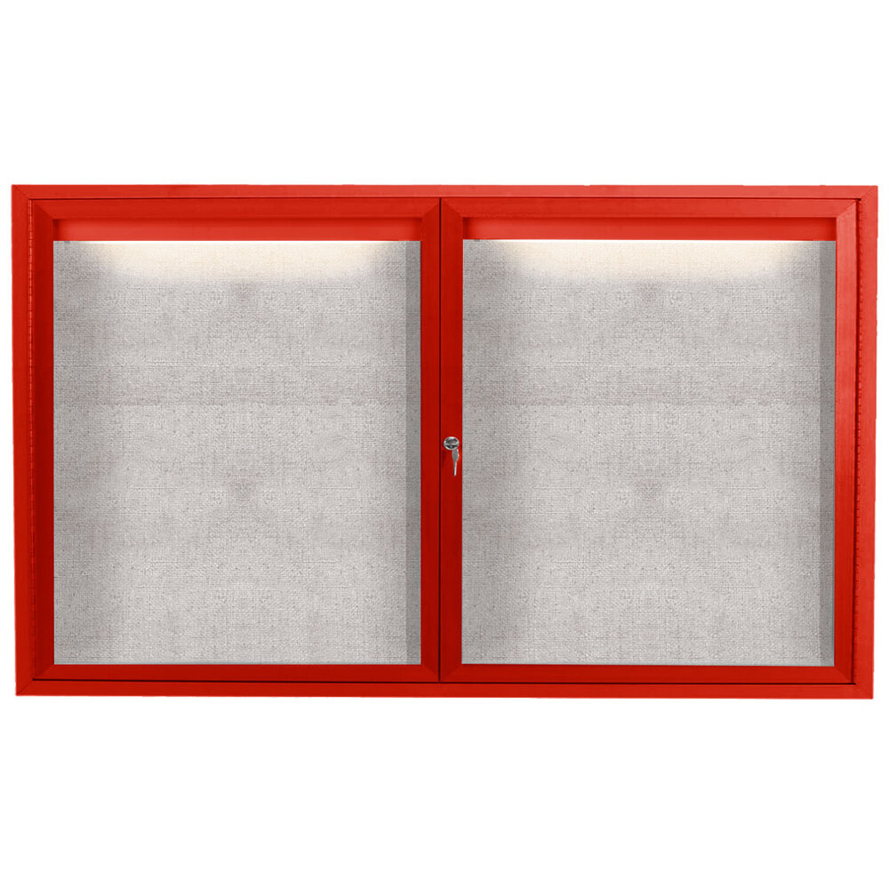 Aarco ODCC3660RIR 36" x 60" Enclosed Hinged Locking 2 Door Powder Coated Red Outdoor Lighted Bulletin Board Cabinet