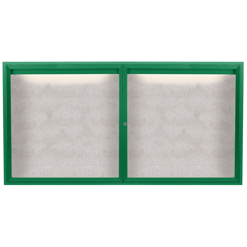 Aarco ODCC3672RIG 36" x 72" Enclosed Hinged Locking 2 Door Powder Coated Green Outdoor Lighted Bulletin Board Cabinet