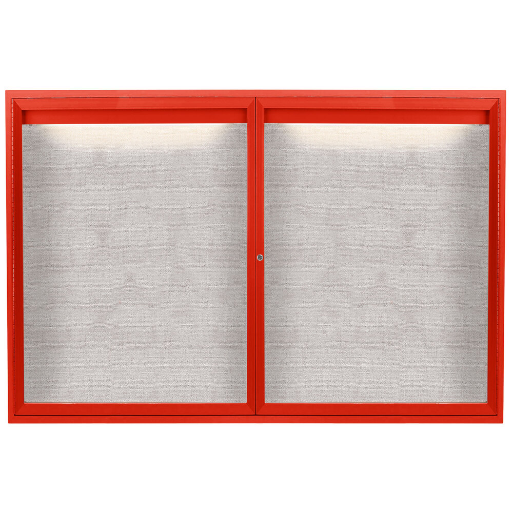 Aarco ODCC4872RIR 48" x 72" Enclosed Hinged Locking 2 Door Powder Coated Red Outdoor Lighted Bulletin Board Cabinet