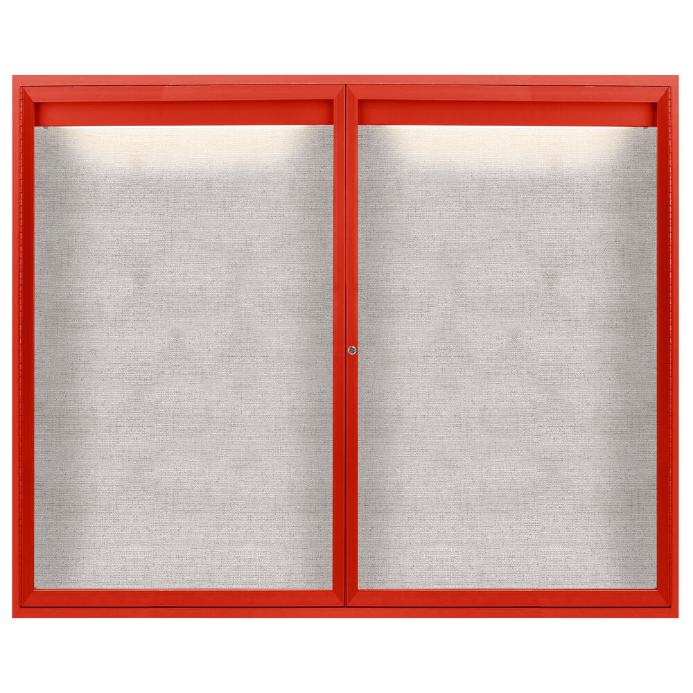 Aarco ODCC4860RIR 48" x 60" Enclosed Hinged Locking 2 Door Powder Coated Red Outdoor Lighted Bulletin Board Cabinet