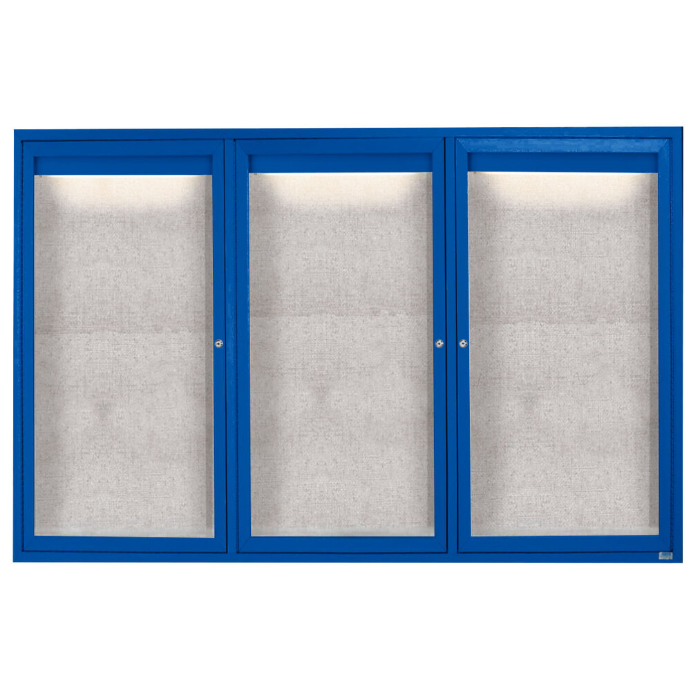 Aarco ODCC4872-3RIB 48" x 72" Enclosed Hinged Locking 3 Door Powder Coated Blue Outdoor Lighted Bulletin Board Cabinet