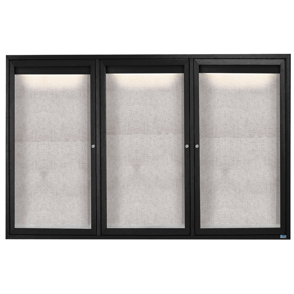 Aarco ODCC4872-3RIBK 48" x 72" Enclosed Hinged Locking 3 Door Powder Coated Black Outdoor Lighted Bulletin Board Cabinet
